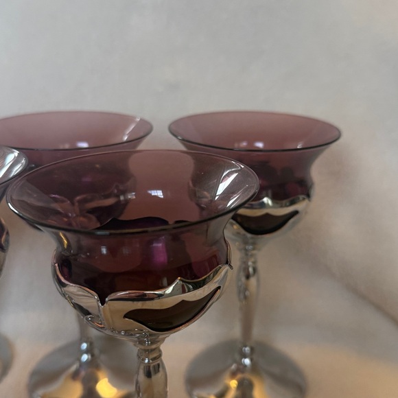 Vintage Silver Pedestal with glass amethyst Coupe Glasses Set of 6 - Picture 4 of 5